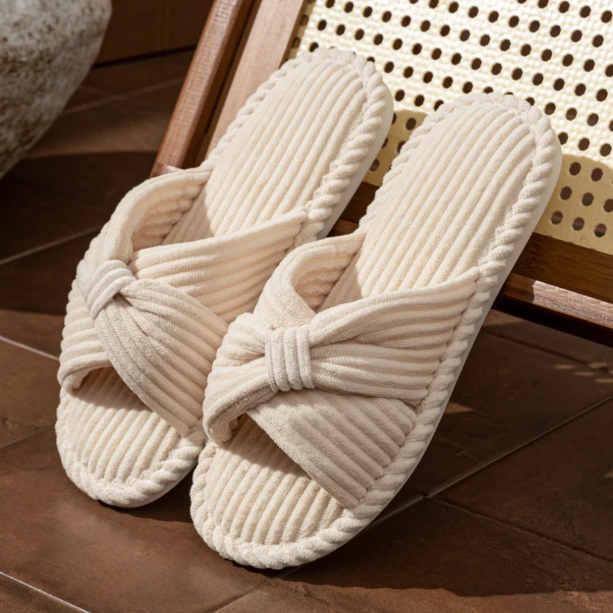 Ivory Corduroy Bow Slipper